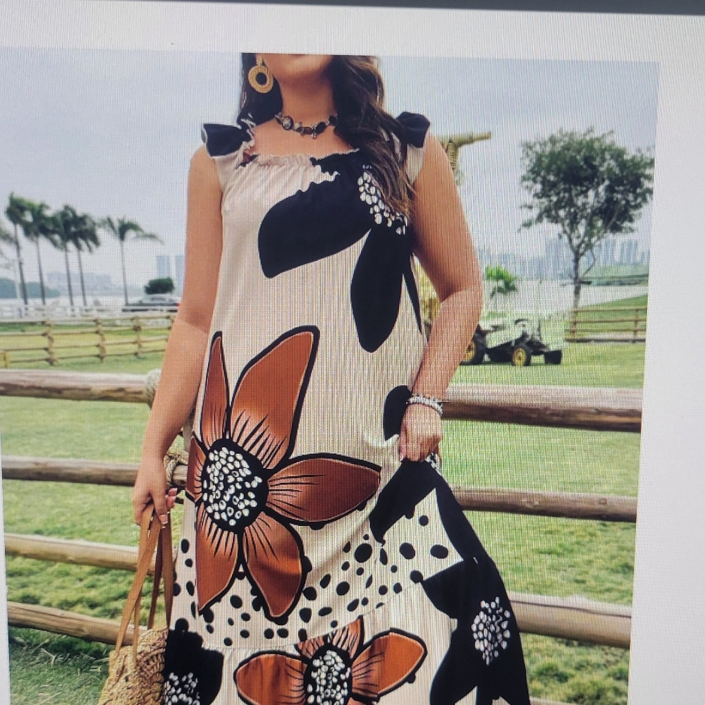 Plus, size summer floral print off shoulder  ruffle  trim dress